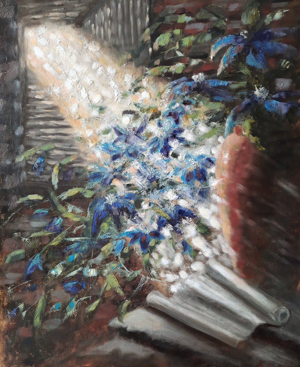 Light of hope, blue flowers in a beam of light, a picture for the interior. by Elena Bondareva