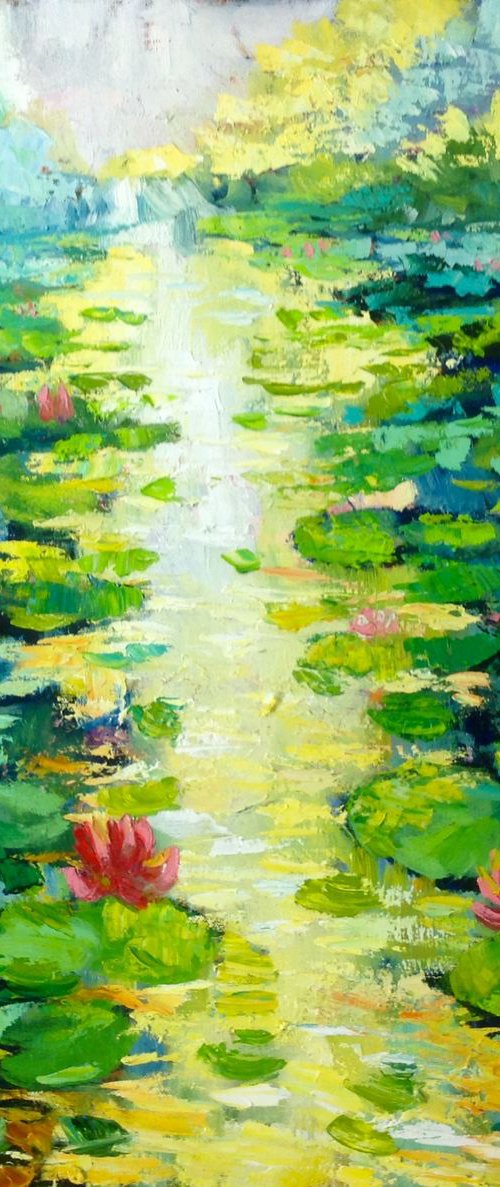 Sunny day . water lilies pond oil painting landscape river sunlight waterlily by Nataliia Nosyk