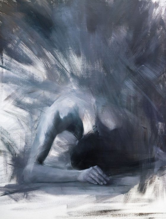 Contemporary painting black and white oil art on canvas from the Ballet Series - Swan