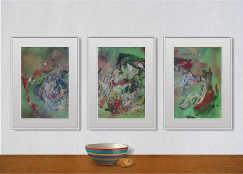 Set of 3 Fluid abstract original paintings on carton - 18J053 by Kuebler