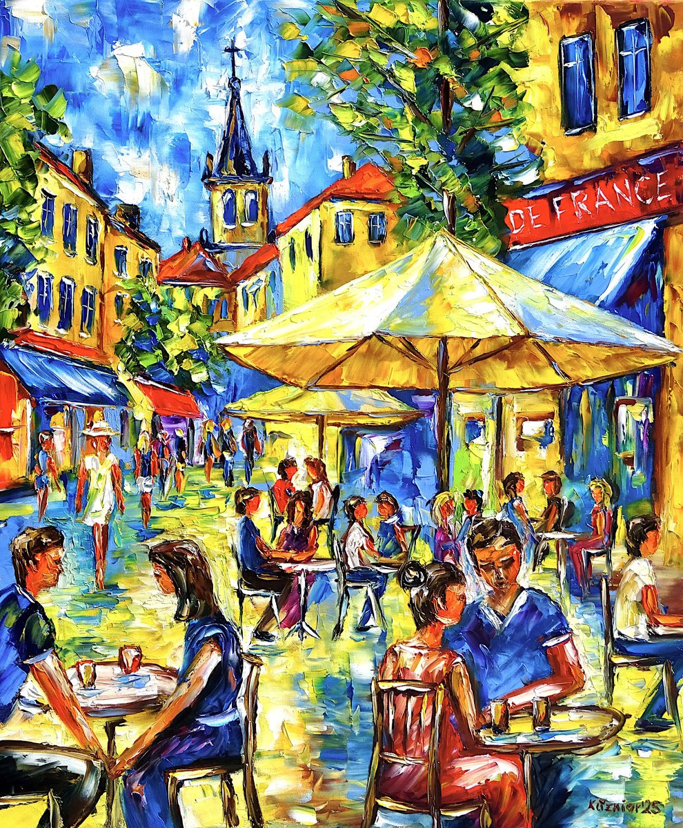Expressive Cityscapes Oil Painting By Mirek Kuzniar, 20 X 24", Summer Midday In A Street Cafe, Original Artwork