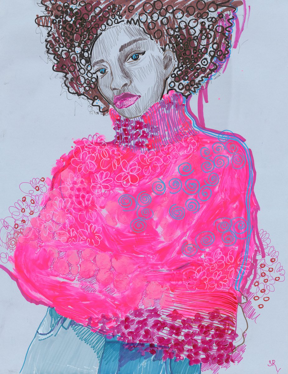 STIFF PINK - drawing on paper, light grey, flowers blossom, fashion, woman, wall art by Sasha Robinson