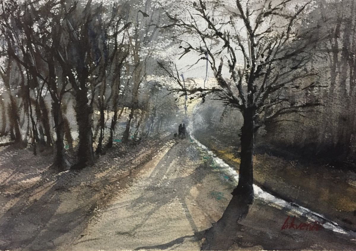 Impressionistic Landscape Watercolour By Tihomir Cirkvencic, 13 X 9", Shadows On The Pathway, Original Artwork