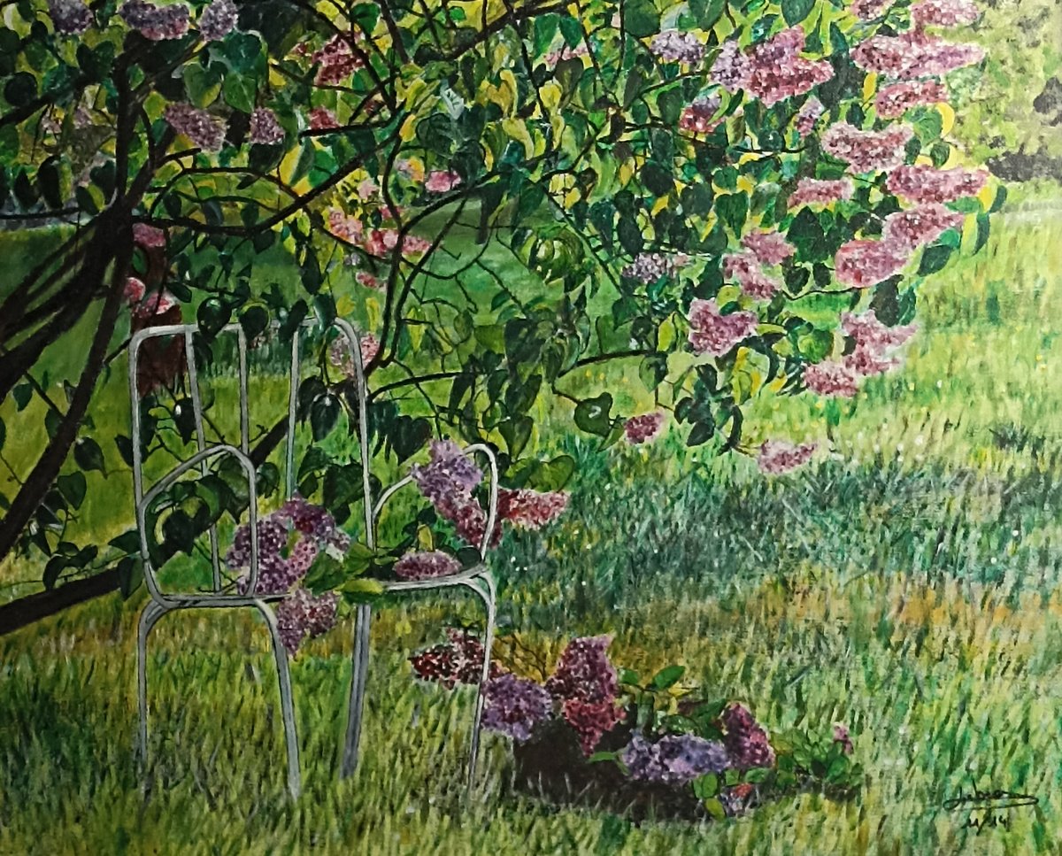 Impressionistic Botanical Oil Painting By Isabelle Lucas, 26 X 21, Lilac Garden, Original Artwork