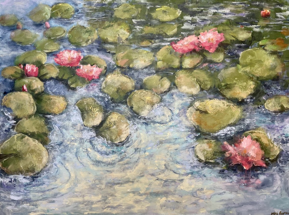 Expressive Landscape Acrylic Painting By Miri Baruch, 47 X 35", Lilies On The Pond, Original Artwork