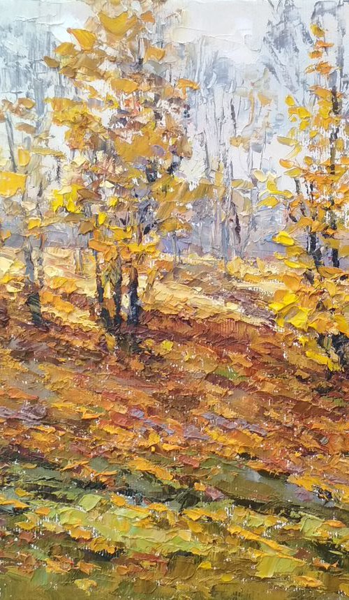 The Sunny Slope / ORIGINAL artwork Autumn landscape Terracotta fall Yellow trees Fall oil painting by Olha Malko