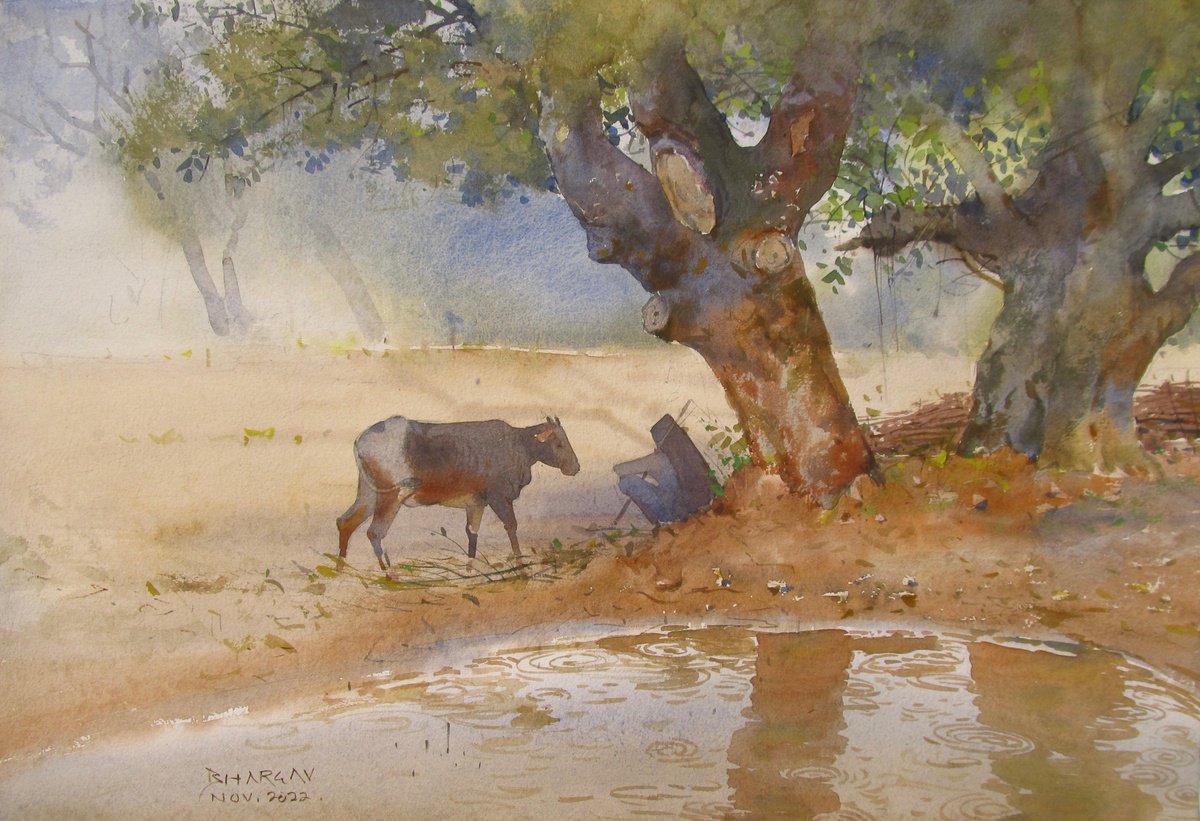 Impressionistic Landscape Watercolour By Bhargavkumar Kulkarni, 22 X 15, Rainy Day Into The Wild, Original Artwork