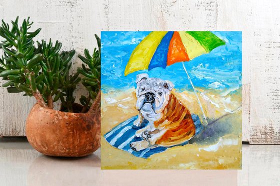 Beach season, Bulldog Painting Original Art Funny Pet Artwork Beach Wall Art English Bulldog on the beach