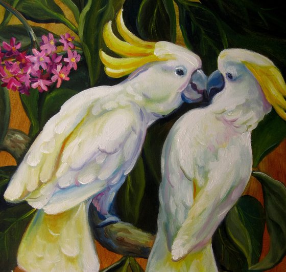 Unexpected Kiss 20x24" Yellow Crested Cockatoo Birds Tropical Plants