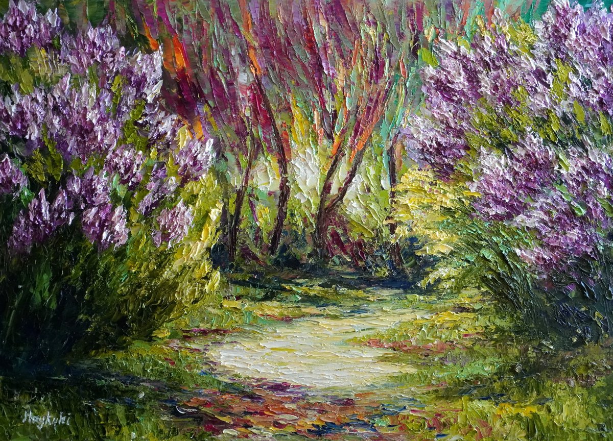 Impressionistic Landscape Oil Painting By Haykuhi Khachatryan, 28 X 20, Through Blooming Garden, Original Artwork
