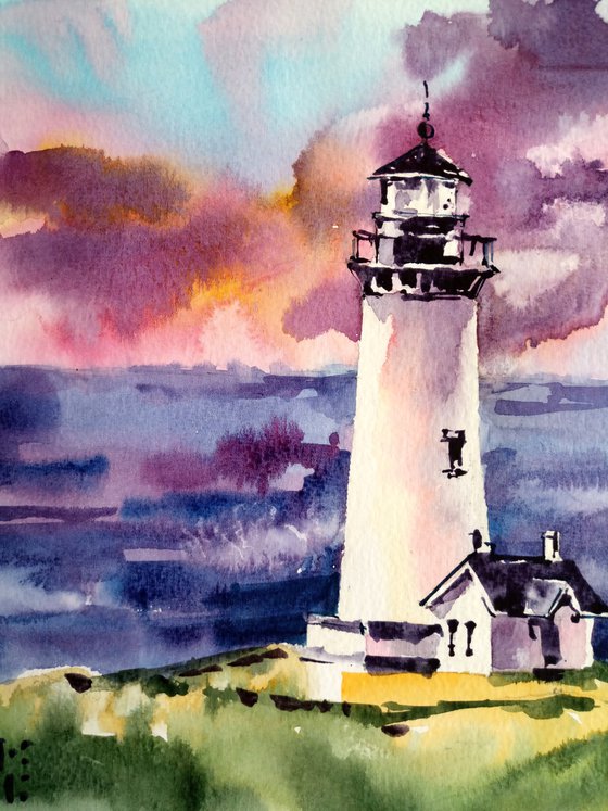 Architectural seascape "Sunset. Lighthouse" original watercolor artwork in square format