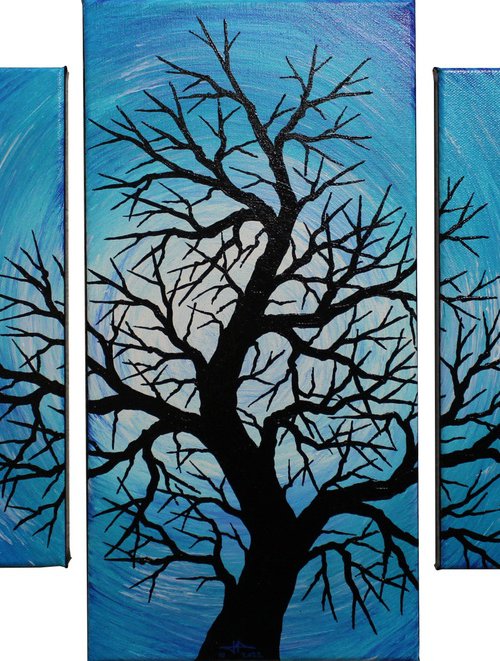 Night tree silhouette triptych by Jonathan Pradillon