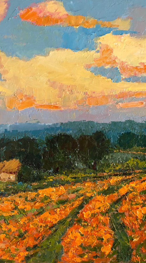 The fields of Marigolds landscape oil by Padmaja Madhu
