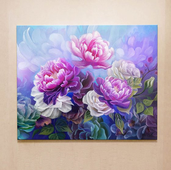 "Summer breath", peonies flowers art, floral painting, floral arrangement