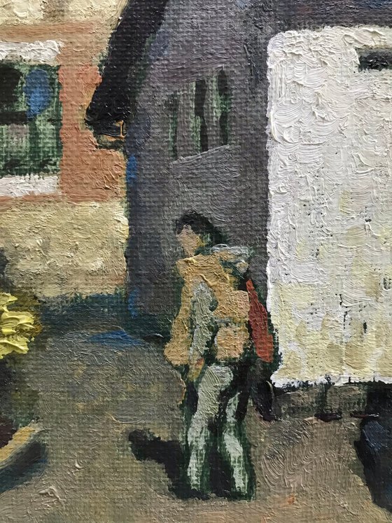 Original Oil Painting Wall Art Signed unframed Hand Made Jixiang Dong Canvas 25cm × 20cm Cityscape Go To Shop Figure House Small Impressionism Impasto