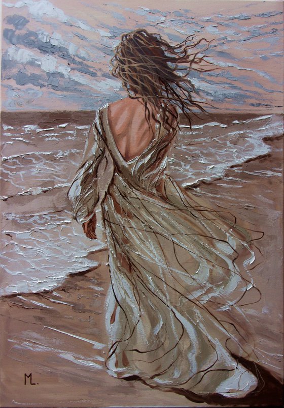 " WALKING ON THE BEACH ... " 100X70CM original painting SEA SPRING palette knife GIFT
