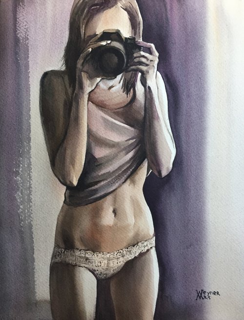 Girl with a camera. Female monochrome portrait. by Natalia Veyner