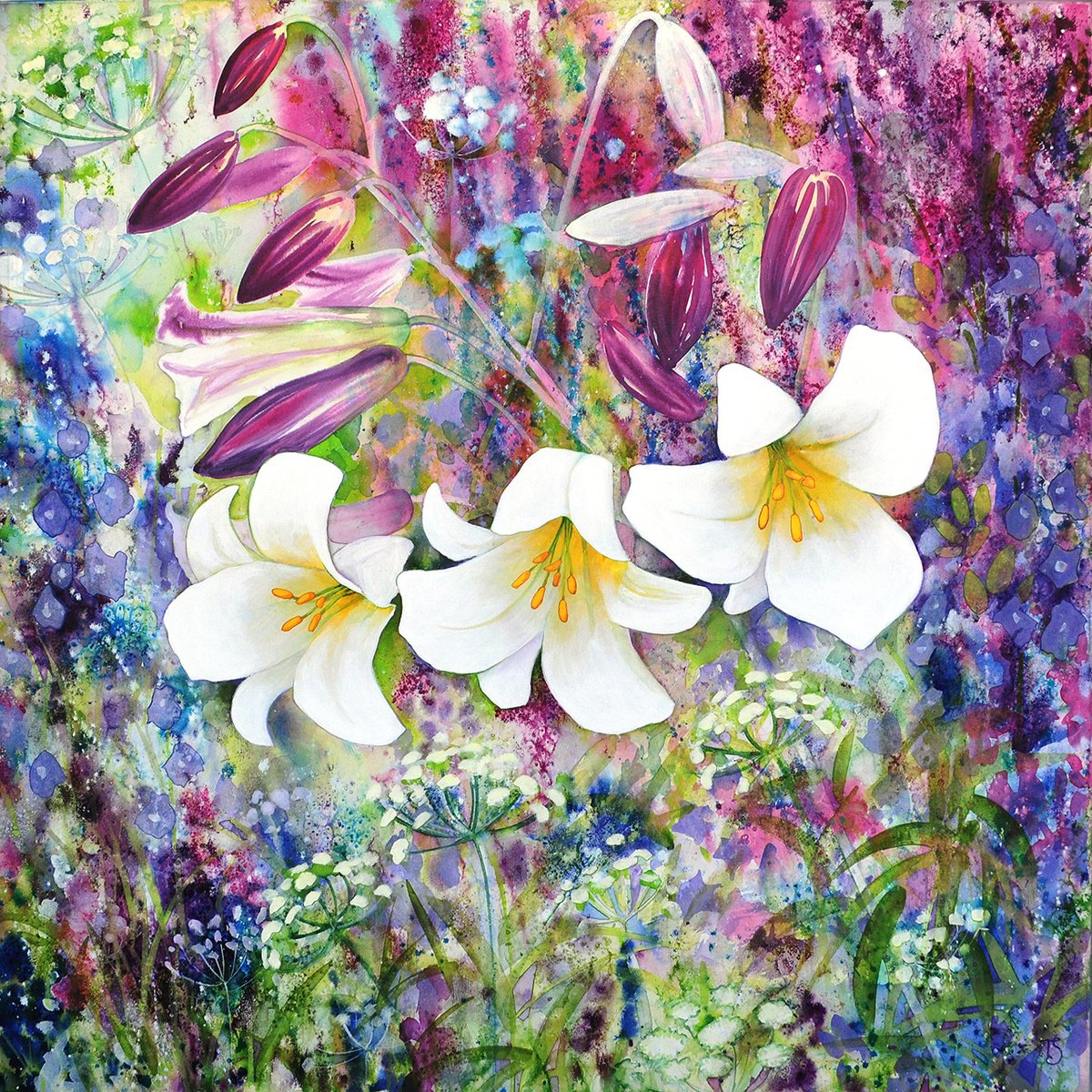 Impressionistic Botanical Acrylic Painting By Theresa Shaw, 37 X 37", Passion