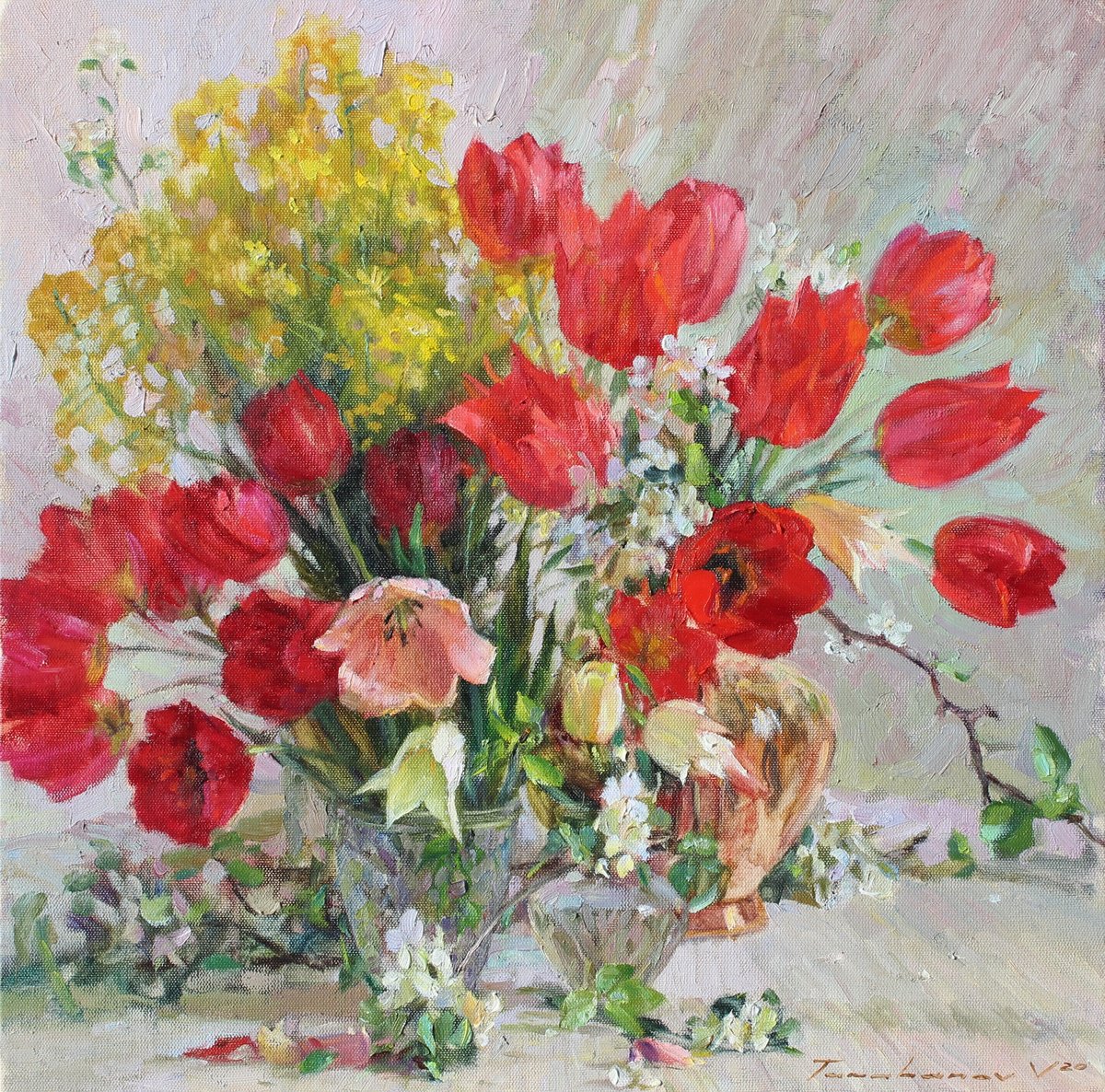 Impressionistic Still Life Oil Painting By Volodymyr Tarabanov, 24 X 24", Still Life With A Spring Mood, Original Artwork