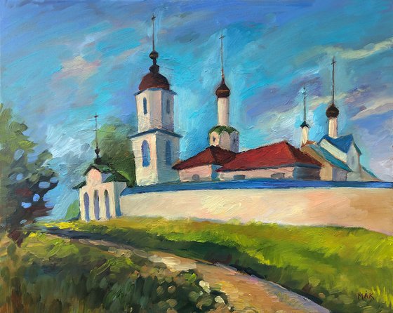 SUZDAL. VASILIEVSKY MONASTERY - expressive small oil painting on canvas idea for present home decor