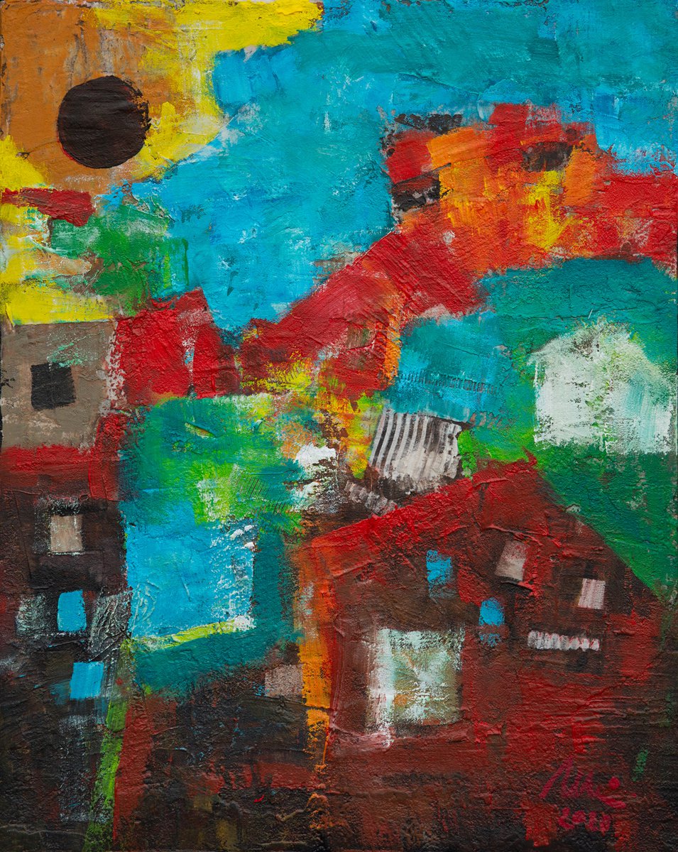 Geometric Cityscapes Acrylic Painting By Peter Zelei, 15 X 19", Village At Sunrise, Original Artwork