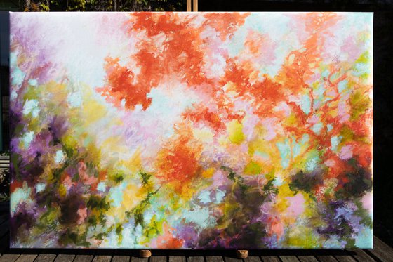 The red mimosas, Japanese evocation - energy abstract floral spring blossoms red mauve violet vibrant impressionistic oil painting ready to hang Fauve Nabis color