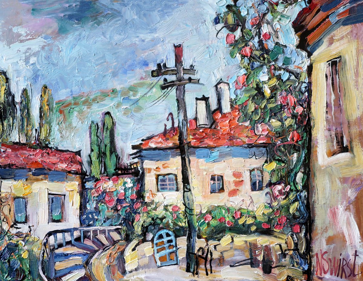 Impressionistic Cityscapes Oil Painting By Nikifor Swiristuhin, 14 X 11", Street And Rose Bush., Original Artwork