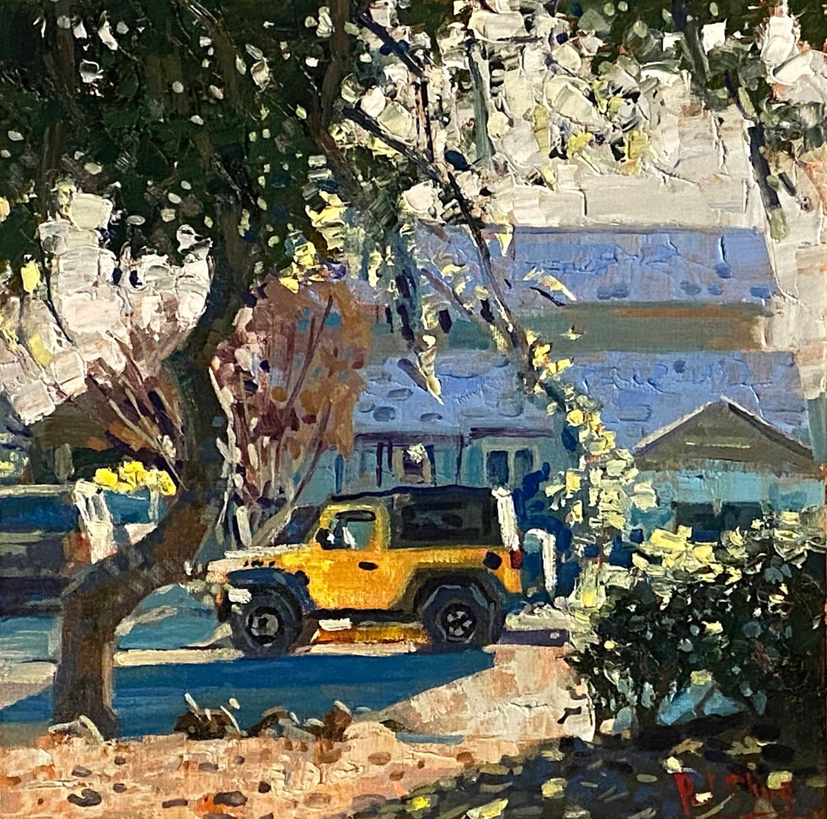 Impressionistic Cityscapes Oil Painting By Paul Cheng, 12 X 12", Yellow Jeep, La, Original Artwork