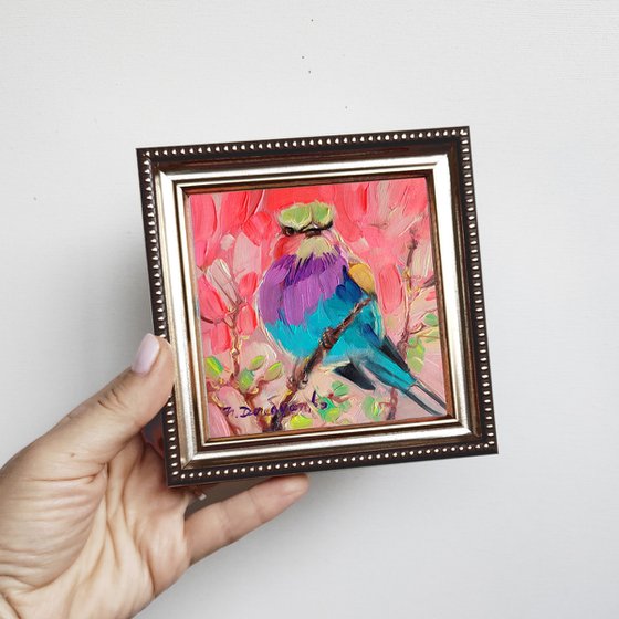 Bird painting original 4x4, Lilac-breasted Roller bird small frame art in blue, Mini oil painting shelf decor ideas