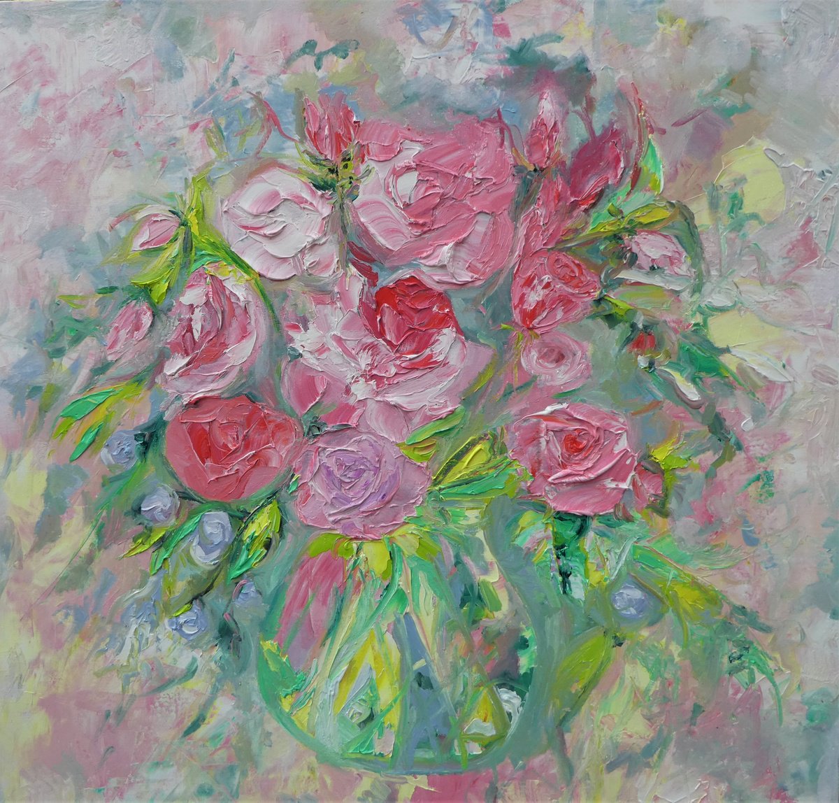 Roses in a Green Vase by Lesley Blackburn