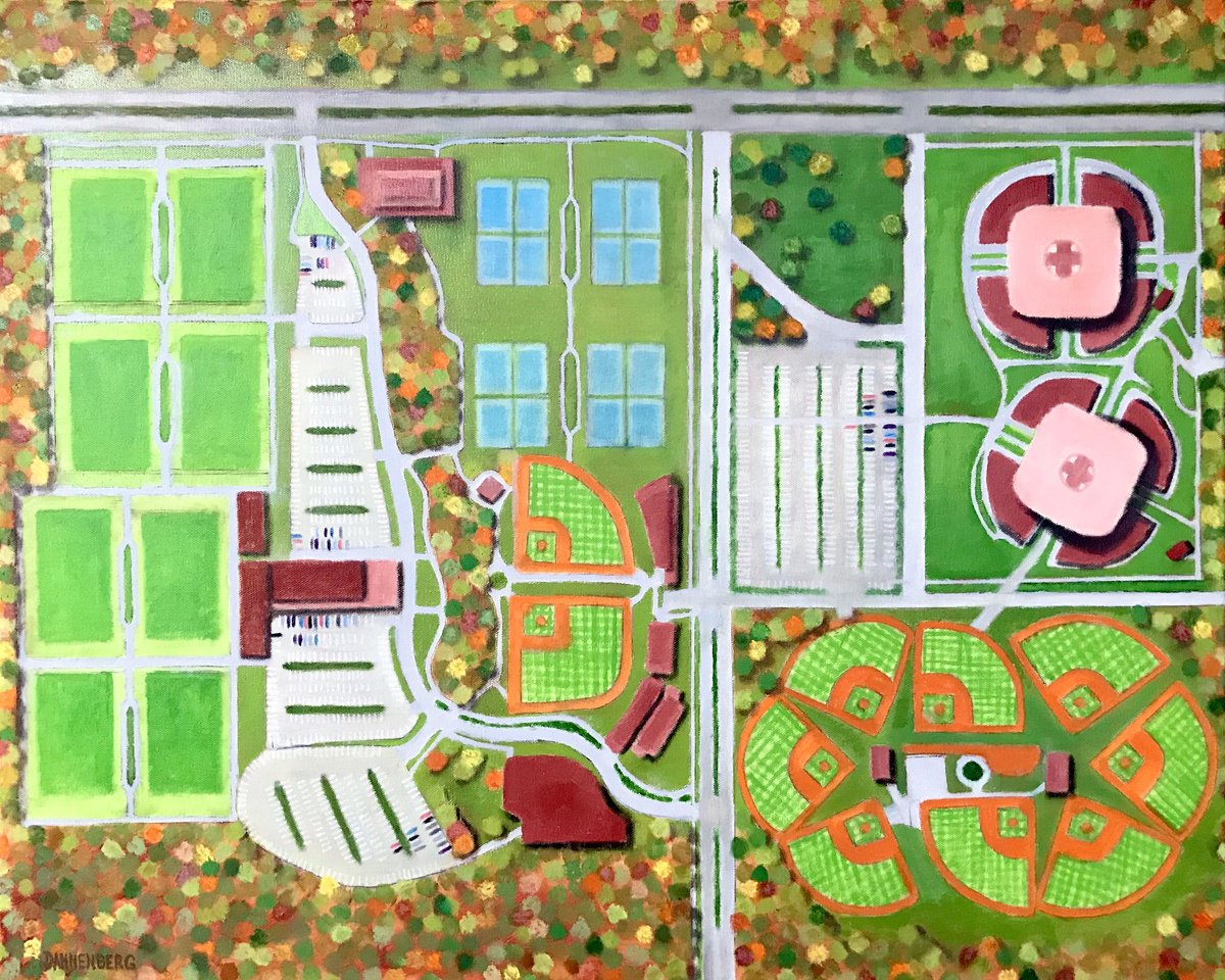 Impressionistic Landscape Oil Painting By Leslie Dannenberg, 30 X 24", Sports And Recreation Complex, Original Artwork