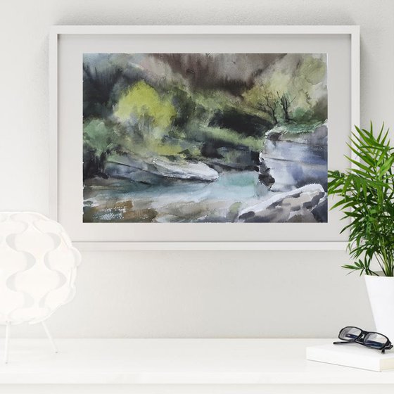 Watercolor painting Landscape Mountain River