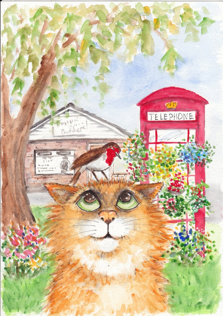 Impressionistic Animal Drawing By Marjansart, 8 X 12", Kitty Cat And Red Phone Box, Original Artwork