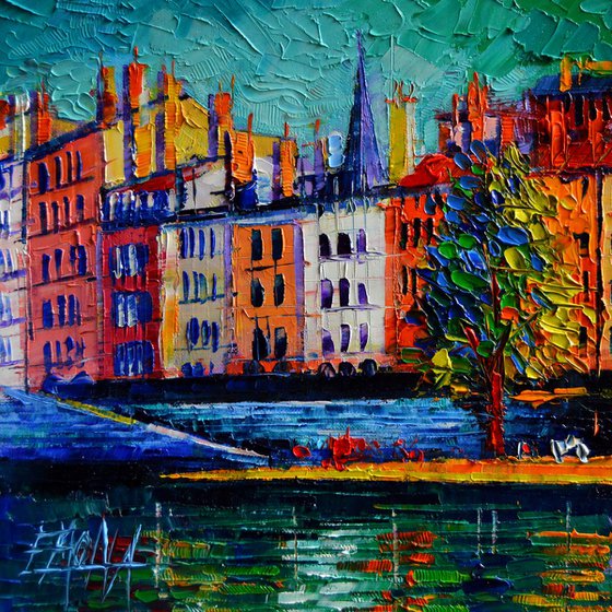 Colorful waterfront in Lyon France - contemporary impressionist palette knife oil painting cityscape