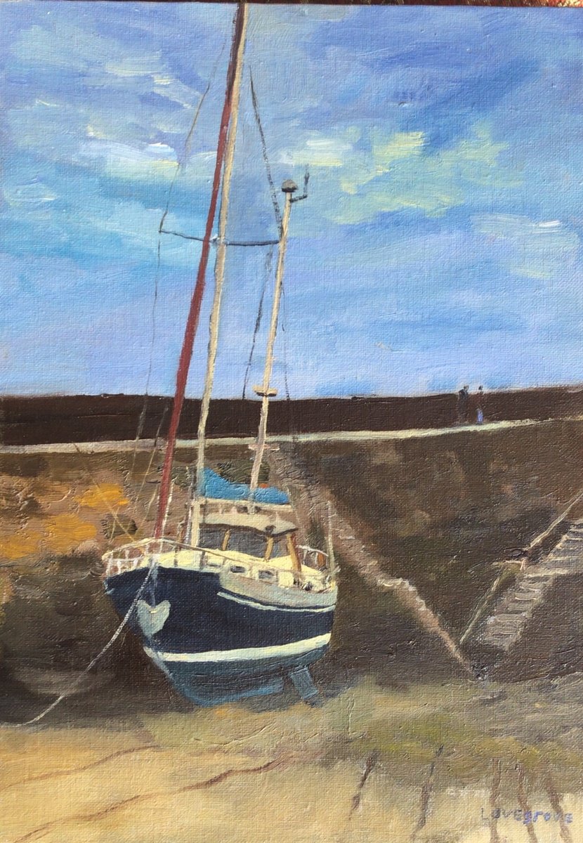Waiting for the tide at Mousehole, Cornwall. Oil painting. by Julian Lovegrove Art