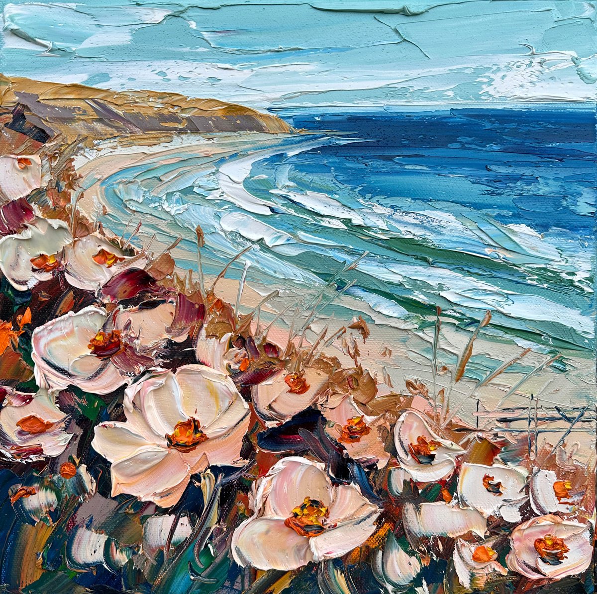 Impressionistic Landscape Oil Painting By Lisa Elley, 12 X 12", Midcentury Coastal Hues, Original Artwork