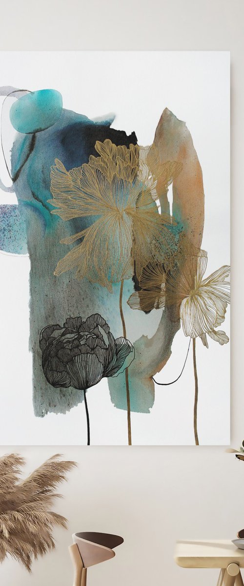 "Thincord" Abstract flowers gold navy art by Marine Boiko