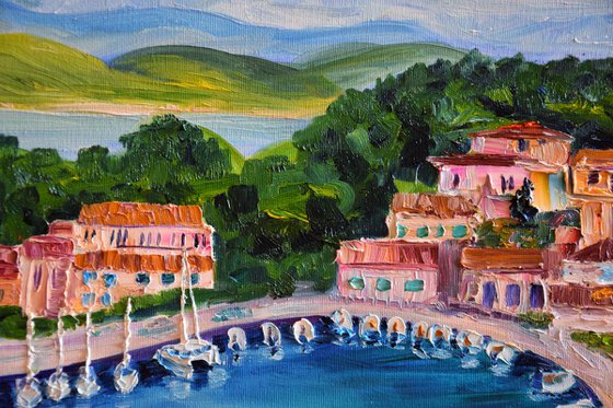 Ships seascape large oil painting on canvas, Greece panorama, coastal home decor