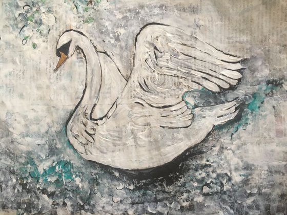 Paper Swan Acrylic on Newspaper Bird Portrait Beautiful Birds Large White Swan 37x29cm Gift Ideas Original Art Modern Art Contemporary Painting Abstract Art For Sale Buy Original Art Free Shipping