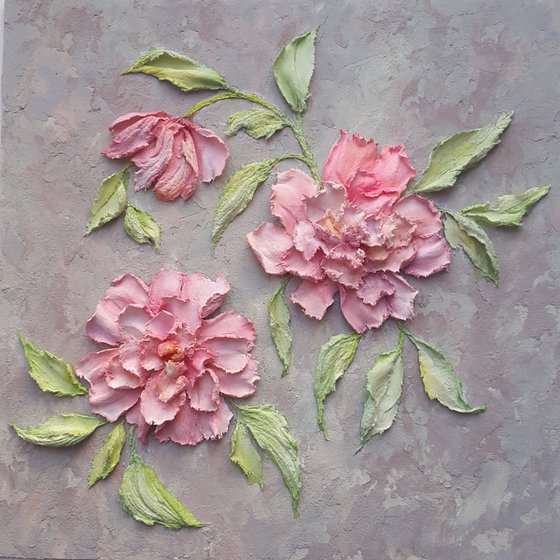 Sculpture painting, impasto floral art Pionies