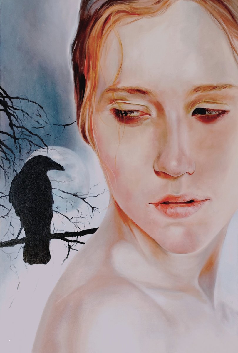 Surrealistic Portrait Oil Painting By Veronica Ciccarese, 24 X 35", The Raven Moon, Original Artwork