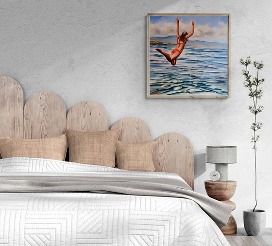 Jumping in Ocean - Swimmer Dive Woman Seascape Original Art