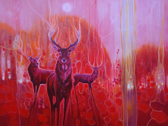 Red Magic - A Red painting with red deer at dawn