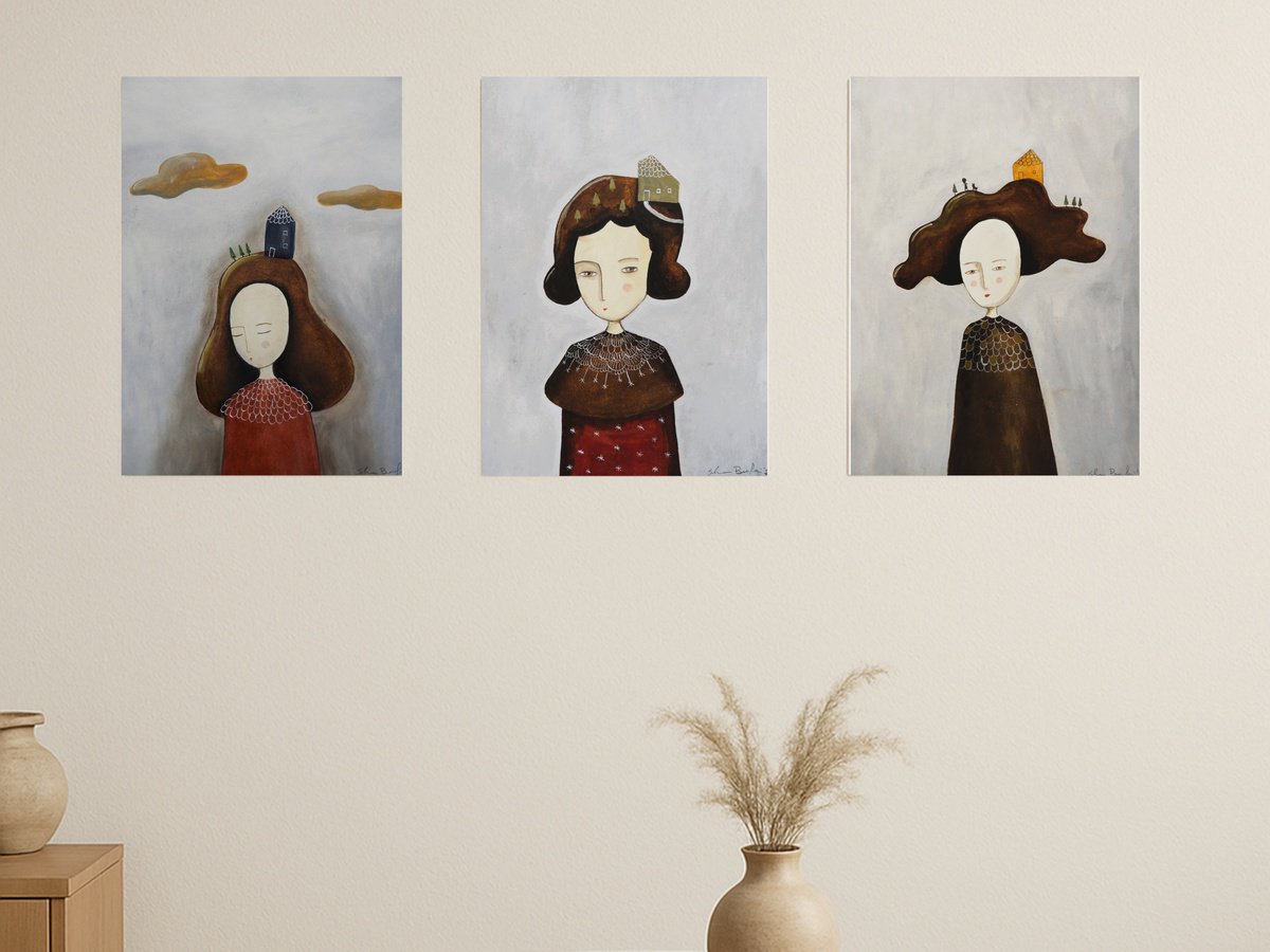 Illustrative Portrait Painting By Silvia Beneforti, 25 X 12", Thinking About Home, Set Of 3, Original Artwork