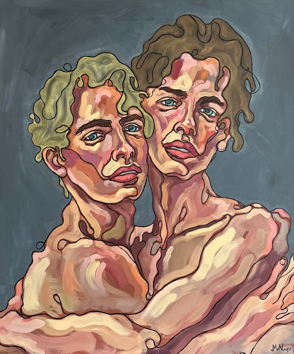 Urban And Pop Portrait Oil Painting By Emmanouil Nanouris, 39 X 47, Male Lovers, Original Artwork