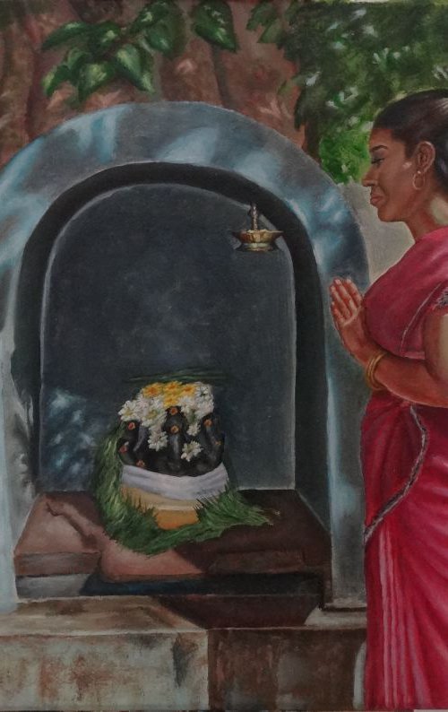 A woman praying to Pillaiyar by Ramya Sadasivam