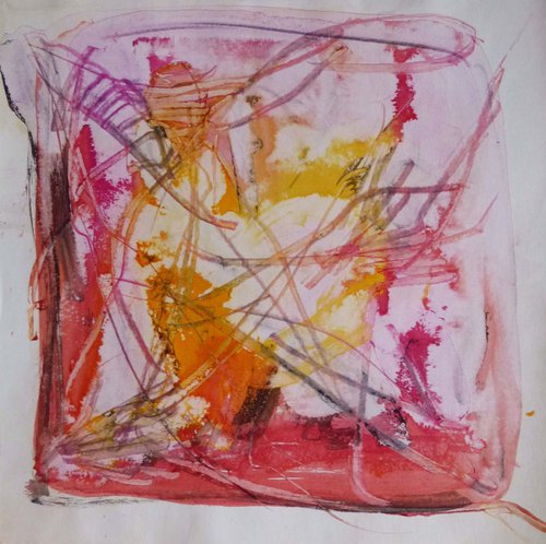 Pink and Yellow Square Abstract Drawing, 40x40 cm by Frederic Belaubre