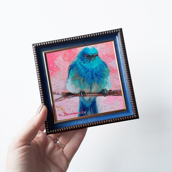 Mountain Bluebird painting original oil 4x4, Bluebird art illustration small artwork frame