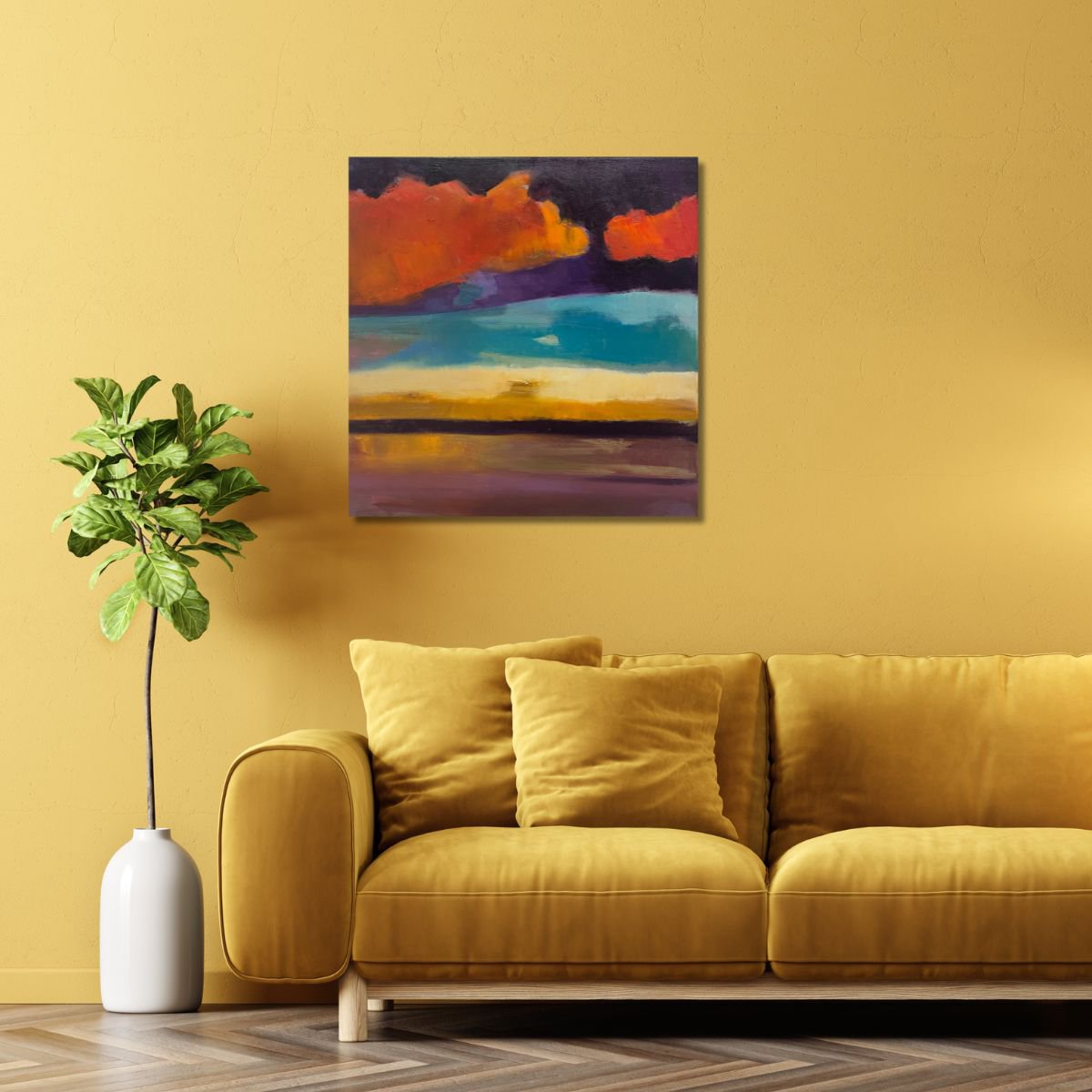 Impressionistic Landscape Oil Painting By Ulli Schmitt, 16 X 16", Orange Clouds, Original Artwork