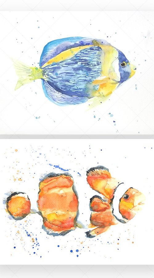 Clown fish watercolor Set of 2 Tropical fish Paintings by Tanya Amos